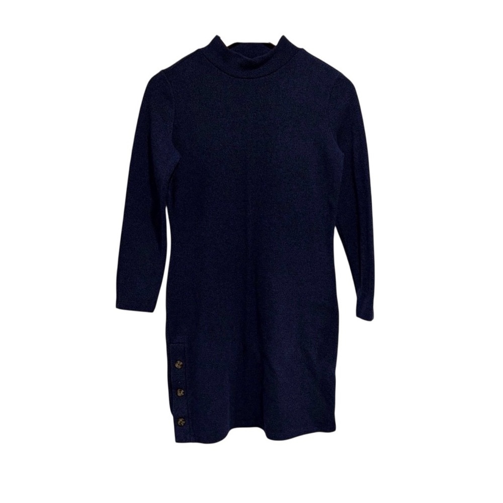 Banana Republic Dark Blue Petite Long Sleeve Mock Neck Dress Button Accent